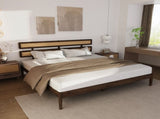 Dark walnut wood painted finish rattan and pine wood double headboard King size bed, Bohemian 01800575