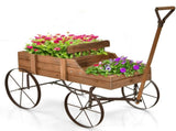 Garden Plant Planter Wooden Wagon Planter W/ Wheel Garden Yard Brown 32157644