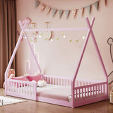 Twin Size Wood House Bed with Fence, Pink 82766186