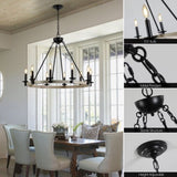 Rustic Farmhouse 10-Light Candle Chandelier, Black Metal and Wood Round Hanging Light Fixture for W1340P221222
