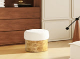 Nebula Round Burl Wood Upholstered Ottoman, Ivory White Boucle B2719P238446
