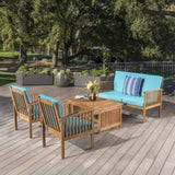 ZNTS Outdoor Acacia Wood Sofa Set with Water Resistant Cushions, 4-Pcs Set, Brown Patina / Teal 59116.00T