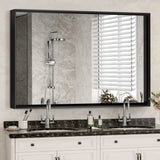 36x24inch Black Rectangular Bathroom Mirror Square Angle Metal Frame Mounted Hanging Plates W2091127006