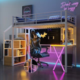 Twin Size Metal Loft Bed with Built-in Work Station, Wardrobe, Storage Staircase and LED, White 60991142