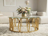 Gold Round Coffee Table, Modern Glass Top Center Table with Luxury Golden Metal Frame, Decorative N735P503635K