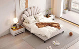 Full Size Upholstered Platform Bed with Flower Pattern Velvet Headboard, Beige 70479085