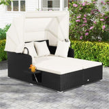 White Rattan Daybed Lounge W/ Retractable Top Canopy Side Tables Cushions 65135668