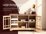 57.87 Inch TV Stand with Deep Brown Top & Natural Wood Cabinet - Double Glass Door Media Console, 81661813