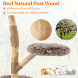 3-Level Natural Pear Wood Cat Tree - 19.5"x35.5", Jute Scratching Posts, Long Plush 10303991