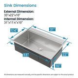 Stainless Steel Kitchen Sink, 33x22 Single Bowl, Overmount Handmade Sink in Brushed, with Cutting T3177P296186