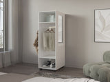 Armoire 63"H, with 3 Shelves, 1 Mirror, and 4 Wheels, White B097P250842