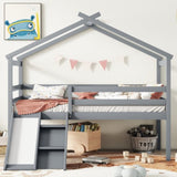 ZNTS Twin Low Loft House Bed with Slide, Ladder, Safety Guardrails, House Roof Frame,Grey W504P145315