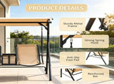 Beige 2-Seat Porch Swing with Adjustable Canopy, Built-in Storage Table & Cup Holders for Backyard 02083236