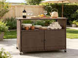 Outdoor Wicker Storage Cabinet, Solid Acacia Wood Patio Bar Cart with Lockable Universal Wheels, 41232191