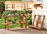 Natural Wood Folding Storage Shelf, Slatted Drainage Design Portable Display Rack for Indoor Outdoor 71835974