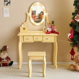 Kids Vanity Set with Mirror and Lights and Stool, 5 Storage Drawers, Pretend Play Princess Makeup 09083771