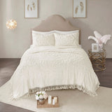 Tufted Cotton Chenille Medallion Fringe Coverlet Mini Set Off-White Full/Queen B03597523