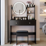 17" Round LED Mirror Vanity Table Soft Cushion Stool Set, Large Mirror, Touch Switch, 3 colors, W3258P311350