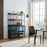 Coffee Bar Cabinet with Power Outlet, Industrial Buffet Cabinet with LED Strip and Glass Holder, W1705P179846