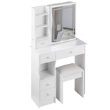 Small Size Left Drawer Desktop Vanity Table Cushioned Stool, Touch Control Sliding LED Mirror, W936P202317