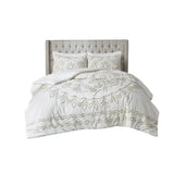 3 Piece Tufted Cotton Chenille Comforter Set Ivory/Taupe Full/Queen B03597181