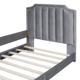ZNTS Twin Size Upholstered Daybed with Classic Stripe Shaped Headboard, Gray WF308905AAE