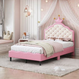 ZNTS Twin Size Lovely Crown Fantasy PU Leather Princess Bed with Tufted Headboard, Pink+Cream N733P198760H