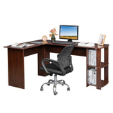 ZNTS L-Shaped Wood Right-angle Computer Desk with Two-layer Bookshelves Dark Brown 28876635