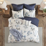 7 Piece Printed Seersucker Comforter Set with Throw Blanket Blue Full/Queen B03597121