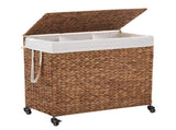 160L 3-Section Laundry with Lid and Wheels, Woven Natural Water Hyacinth Rolling Laundry 22369298