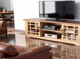 57.87 Inch TV Stand with Deep Brown Top & Natural Wood Cabinet - Double Glass Door Media Console, 81661813