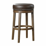 Round Swivel Bar Stools Set of 2, Brown Faux Leather 360-degree Swivel Seat Nailhead Trim Solid Wood B011P201566