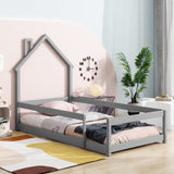 ZNTS Twin Size Wood bed with House-shaped Headboard Floor bed with Fences,Grey W504102757