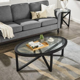 Modern simple coffee table, tempered coffee table solid wood base round transparent W1781127576