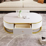Modern Oval Coffee Table with Drawers,Curved Profile Design, Gold Metal Decor, Center Table for N735P192897K