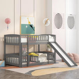 ZNTS Bunk Bed with Slide,Twin Over Twin Low Bunk Bed with Fence and Ladder for Toddler Kids Teens Grey 39928459