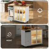 Kitchen Island with Drop Leaf, LED Light Kitchen Cart on Wheels with 2 Fluted Glass Doors and 1 Flip WF311171AAW