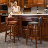 Seat height 29.5'' Cow top Leather Wooden Bar Stools, 360 Degree Swivel Bar Height Chair with Backs W2195135485