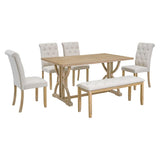 ZNTS 6-Piece Retro Rectangular Dining Table Set, Table with Unique Legs and 4 Upholstered Chairs & 1 82962218