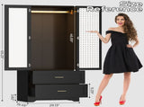 Black Wardrobe Closet with Mirror Door, 2 Doors & 2 Drawers Storage Cabinet with LED Sensor Light, 59491281