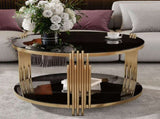 Modern Black Mirror Coffee Table, Asymmetrical Metal, Circular Metal Drum Base, Gold Finish & Lower N735P177478B