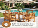 5-Piece Acacia Wood Patio Dining Set for 4, Square Outdoor Table with Umbrella Hole & Ergonomic 19480283