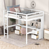 ZNTS Full Size Loft Bed with Desk, Cabinets, Drawers and Bedside Tray, Charging Station, White 26218691