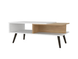 White and Natural Oak Coffee Table with Open Storage and Conical Legs B062P290220