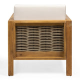 Outdoor Acacia Wood Club Chair with Wicker Accents, Teak Finish Mixed Brown Beige, 30.25"D x 68942.00BGE