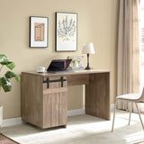 Home Office Desk Hazelnut One Cabinet Three Shelves Faux Barn Door on Metal Euro Hinges Modesty B107P218344