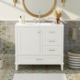 36" White Bathroom Vanity with Solid Pine Frame, 1 Soft Close Door and 3 Drawers , Modern Storage N729P211167K