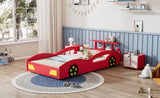 ZNTS Wooden Race Car Bed,Car-Shaped Platform Twin Bed with Wheels For Teens,Red & Yellow WF310553AAJ