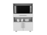 Kitchen Pantry 48" H, Two Open Storage Shelves, One for Microwave, Two Doors, Four Legs, White B097P167452