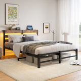 Queen Size Metal Bed Frame with Wooden Headboard, RGB Lights,Charger, Storage Shelf, Noise-Free, No W840P209904